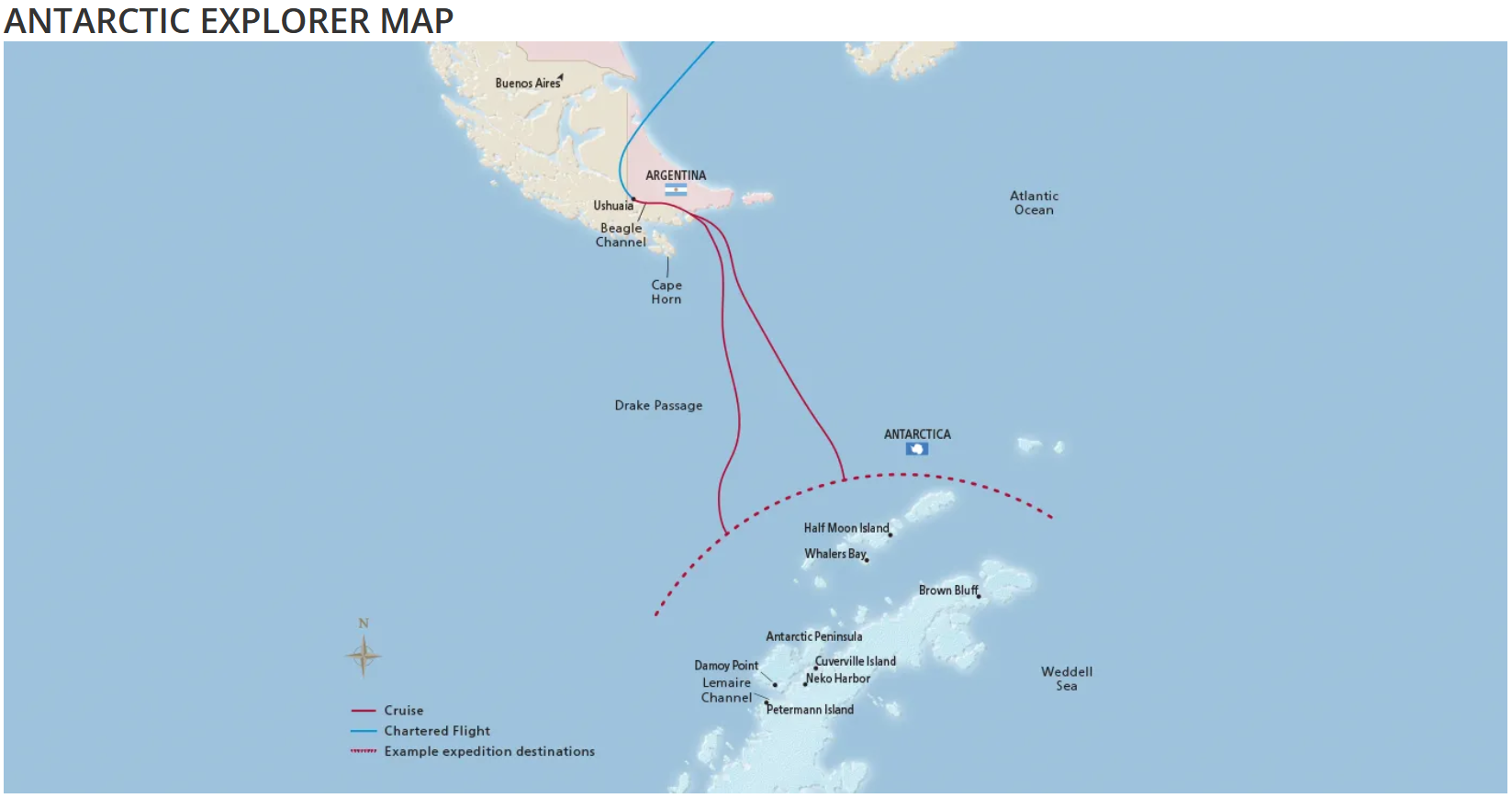 Map of tentative path from Argentina to the Antarctica Penisula