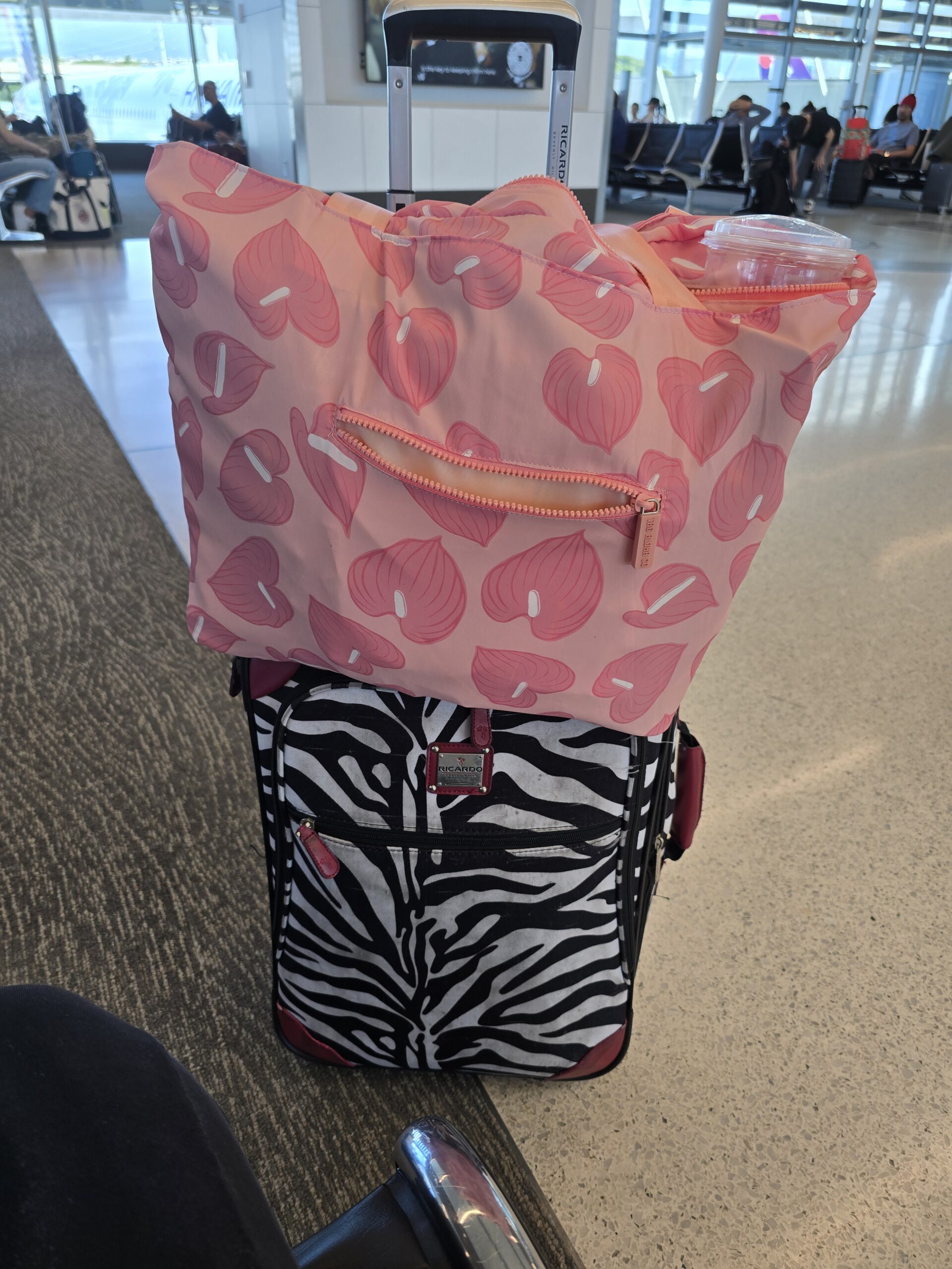 Zebra print rolling carry on bag and a pink tote bag